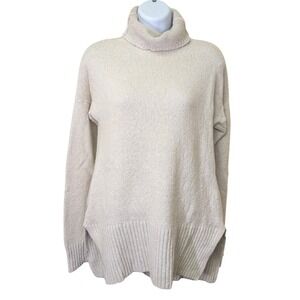 Lou & Grey Small Cream Turtleneck Tunic Ribbed Split Sides Wool Blend Sweater